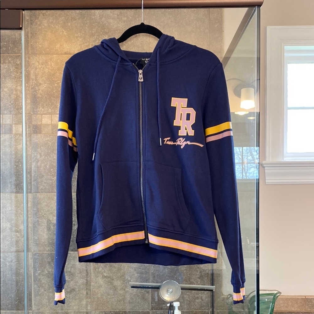 True religion Navy Blue Zip-Up Hoodie with Yellow Stripes